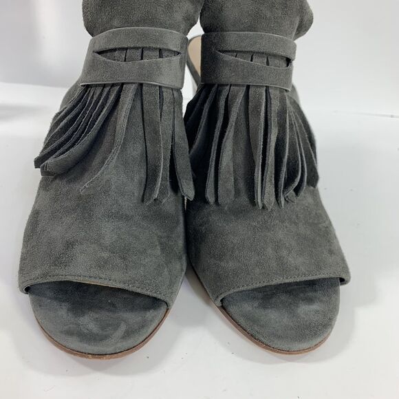Via Spiga Bootie Peep Toe Sz 7 Heels Gray Leather Fringe Southwestern Country - Picture 3 of 16